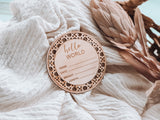 Hello World Rattan Birth Announcement Plaque